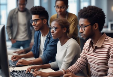 Photo of the uxpert team collaborating around laptops in a bright, modern workspace.