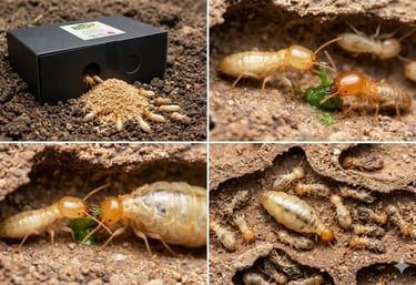 Diagram showing termites eating bait and spreading the elimination treatment through trophallaxis to