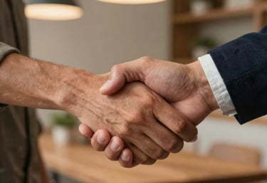 Close-up of two people from different backgrounds shaking hands firmly in a sign of partnership and trust, warm North American interior lighting.