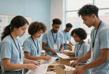 A group of diverse volunteers working together to organize educational resources in a community center. The scene is bright and optimistic, set in a North American urban environment with pale blue and sand color accents.