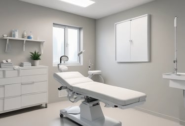 Close-up of crisp, white examination paper rolls stacked neatly on a clinic shelf.