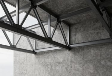 High-end 3D render of a modern architectural project with exposed steel trusses and concrete walls. Minimalist design, professional lighting, corporate B2B style.