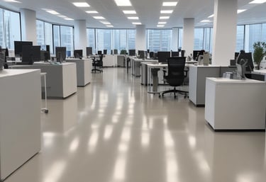 A professional cleaner carefully scrubbing a floor in a bright office space.
