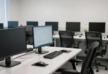 A modern computer lab with ergonomic furniture and bright lighting, emphasizing a clean and organized educational setting in the Gulf region.