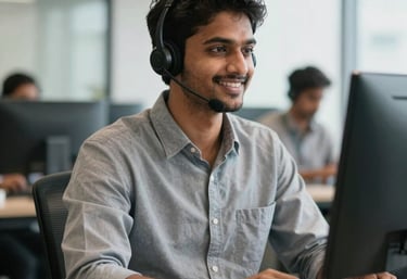 A South Asian / Indian customer service professional in a bright, modern Lucknow office, wearing a headset and smiling while providing support.