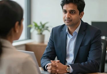 A professional South Asian legal consultant in a well-lit Kochi office, engaged in a respectful discussion with a client. The atmosphere is professional and modern.