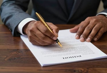 Close-up of hands signing a formal legal document with a golden fountain pen on a dark wood table. South Asian / Indian professional attire visible. Elegant and trustworthy atmosphere.