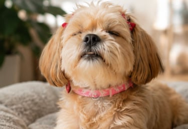 A small fluffy dog relaxing on a plush pet bed with a mindfulness quote about calm pets.