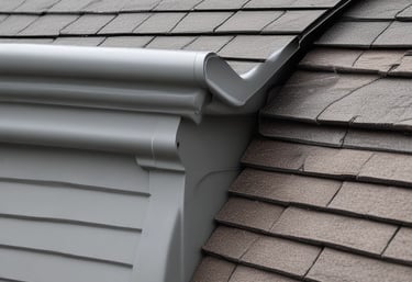 Artisan shaping copper gutters on a residential building under a clear sky.