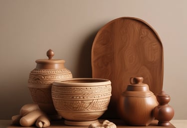 Handcrafted wooden bowls and carved jars on a rustic display board for home decor.