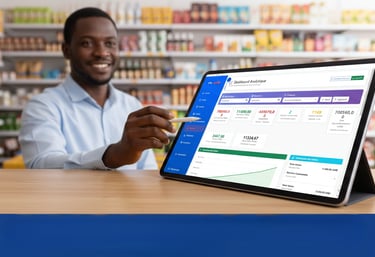 Smiling store owner using a digital tablet for inventory management and sales analytics in a grocery aisle.