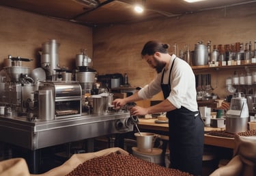 A cozy cup of coffee jelly on a wooden table surrounded by green plants, evoking a peaceful forest atmosphere.