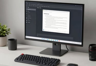 A clean, minimalist desk setup featuring a large monitor with a professional interface, a mechanical keyboard, and stylish office supplies.