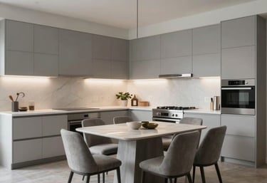 A wide shot of a completed open-concept kitchen and dining area with modern minimalist furniture and neutral grey and off-white tones. Sophisticated North American / US home design.