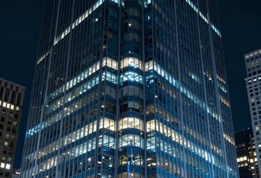 A professional photograph showing the exterior of a sleek glass skyscraper in a North American financial district at night, glowing with blue light.