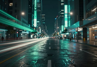 A wide-angle, futuristic city street at night, where digital light trails and neon signs in green and cyan illuminate the dark pavement, Global / International.