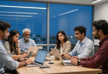 A group of diverse professionals in a South Asian / Indian tech hub having a productive meeting in a room with Royal Blue glass partitions and modern lighting.