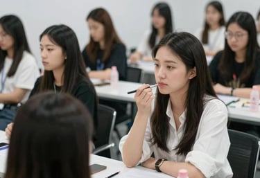A warm classroom scene with students practicing facial treatments under expert guidance.