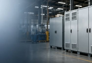 Industrial electrical control panels and metal enclosures inside a modern factory warehouse facility.