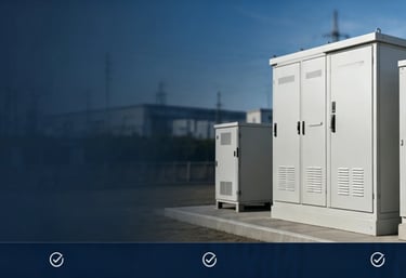 Industrial electrical enclosures and outdoor power distribution cabinets at a utility substation.