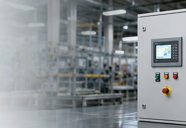 Industrial electrical control panel with touch screen HMI and emergency buttons in a factory setting.