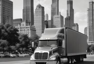 A bright, modern semi-truck hauling cargo down a highway at sunrise.