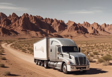 Close-up of a shiny truck grille with vivid colors reflecting the open road.