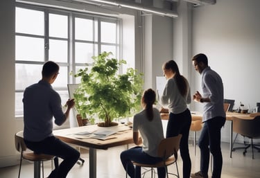 Team collaborating in a bright modern workspace with engineering and sustainability elements.