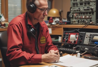 Volunteers setting up ham radio equipment outdoors during a community event.