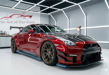 Dettaglio professionale e tuning su una Nissan GTR rossa modificata all’interno del laboratorio TACC