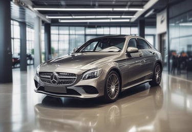A sleek black luxury car illuminated by vivid yellow neon lights in a modern showroom.