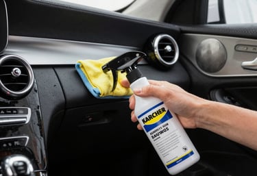 A spotless car interior being cleaned with eco-friendly products.