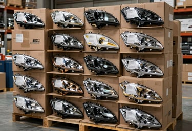 A stack of neatly boxed and labeled car headlights ready for international shipping, clean industrial lighting, professional warehouse in Spain.
