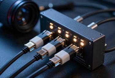 Clean, artistic photography of high-performance networking cables and hardware indicators glowing in a dark blue, professional tech environment.