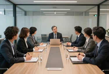 A wide-angle shot of a professional collaborative meeting in a glass-walled conference room, modern North American corporate setting, sophisticated and trustworthy vibe.