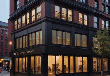 A sleek black and gold minimalist storefront sign reading 'tru gear bkny' at dusk.