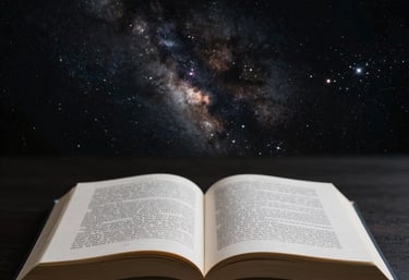 An open book floating in a dark night sky filled with glowing stars and magical nebulae.
