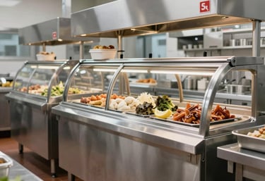 Interior of a modern, clean Slovak catering facility with stainless steel equipment and a professional, organized atmosphere.