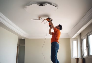 An electrician carefully fixing a home wiring panel with tools.