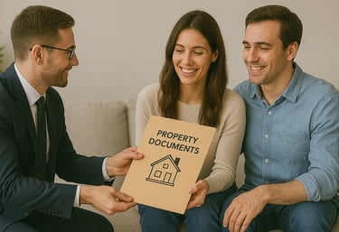Couple receiving property documents from a real estate agent during a consultation