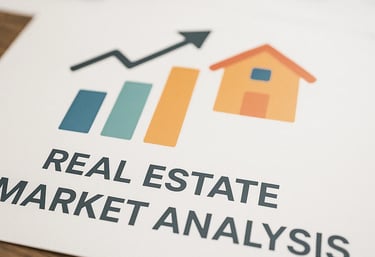 Real estate market analysis chart with growth graph and house icon on a printed report