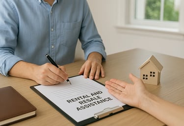 Client discussing rental and resale assistance while signing documents with a real estate agent