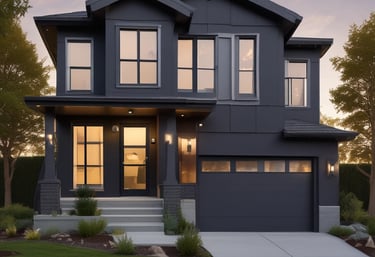 A professional painter carefully applying navy blue paint to a modern home's exterior siding.