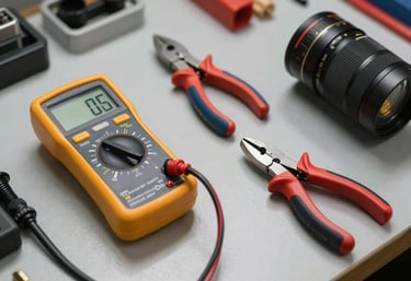 Detailed shot of professional electrical tools laid out on a clean workbench, including a digital multimeter and wire strippers, North American / US Gulf Coast setting.