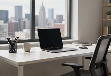A bright photography of a modern home office with a view of a US city skyline. The desk is clean and organized, featuring high-end technology and a comfortable ergonomic chair, symbolizing a flexible and empowered remote working lifestyle.