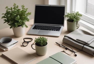 A cozy workspace with a laptop, planner, and a cup of tea, reflecting a calm and organized environment.