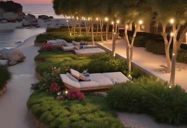 Luxury white three-story modern villa with arched windows and swimming pool at sunset.