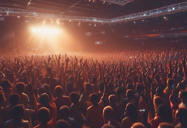 A vibrant crowd dancing joyfully at an outdoor afrobeat music festival during sunset.