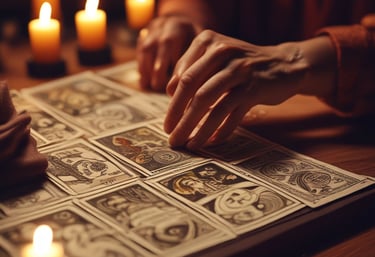 A serene portrait of Veronica Bifalco seated with tarot cards, surrounded by soft gold accents and a deep purple backdrop.
