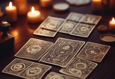 A serene tarot card spread laid out on a deep purple velvet cloth with soft gold accents.